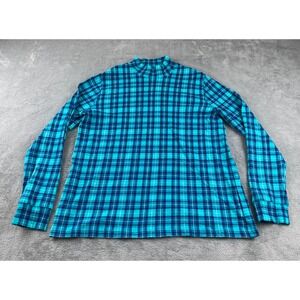 Lands' End Women's Plaid Mock Neck Long Sleeve Top Blue Teal Large